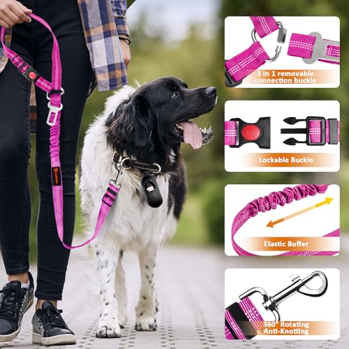 Removable Dog Seat Belt Harness for Car, 3 in 1 Pet Dog Car Seatbelt Leash, Retractable Restraint Secures to Vehicle Headrest & Adjustable Reflective Bungee Dog Seatbelt Tether, Rose - color: 2PCS Rose