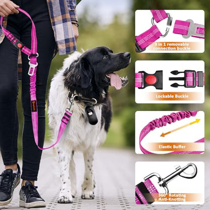 Removable Dog Seat Belt Harness for Car, 3 in 1 Pet Dog Car Seatbelt Leash, Retractable Restraint Secures to Vehicle Headrest & Adjustable Reflective Bungee Dog Seatbelt Tether, Rose and Black - color: Black+Rose