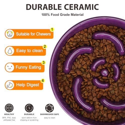 Slow Feeder Dog Bowl, Ceramic 2 Cups Dog Food Bowls for Small, Medium, and Large Breed, Anti-Slip Maze Puzzle Food Dish to Slow Down Eating (Deep Purple, 2 Cups) - color: Flower - Deep purple