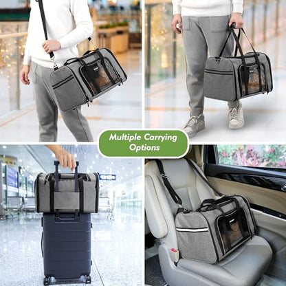 Soundy Large Cat Carrier Dog Carrier Under 25 Lbs,Collapsible Ventilated Portable Pet Bag with Soft Sided Breathable Mesh for Long Car Trips Maxi Load 2 Kittens or Small, Medium Dog (Large Grey) - color: Grey