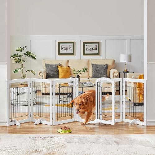 Topeakmart Extra Wide Pet Gate 6 Panels Freestanding Dog Gate for Doorway Stairs Dog Fence with 3 Support Feet, White