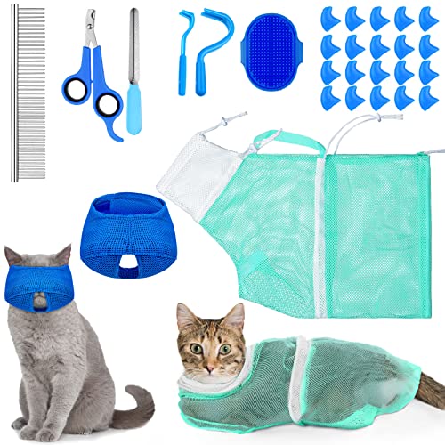 9 Pcs Cat Bathing Bag Set Cat Shower Bag Anti Bite and Scratch for Pet Grooming Washing Brush Comb Muzzle Nail Clipper Nail File Tick Tool(Blue, Turquoise) - color: Blue, Turquoise