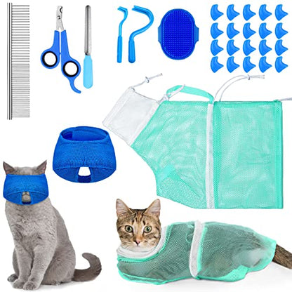9 Pcs Cat Bathing Bag Set Cat Shower Bag Anti Bite and Scratch for Pet Grooming Washing Brush Comb Muzzle Nail Clipper Nail File Tick Tool(Blue, Turquoise) - color: Blue, Turquoise