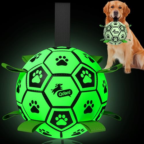 QDAN Dog Ball, Glow in The Dark Dog Toys, Light Up Soccer Ball for Dogs, Outdoor Dog Toys, Doggy Water Toy, Puppy Birthday Gifts for Medium Large (8 Inch) - color: Glow in the dark II, size: Large