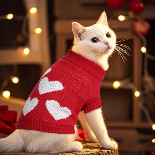 Topbuti Knitted Dog Sweater Heart Puppy Sweater Winter Warm Pullover Turtleneck Knitwear Pet Holiday Clothes for Small Dogs and Cats (Red, Large)