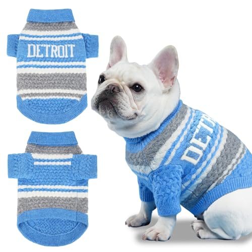 Detroit Small Dog Sweater Football Theme Turtleneck Knit Dog Sweaters for Small Pets Warm Winter Cat Dog Clothes - color: Skyblue&gray, size: Large
