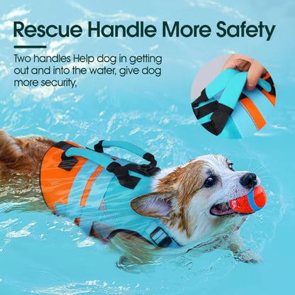Kuoser Dog Life Jacket with Reflective Strips, High Visibility Dogs Swim Vest with Rescue Handle, Adjustable Dog Life Vest for Swimming, Boating, Pool & Beach, Doggy Lifejacket Small Medium Large Dogs - color: Blue, size: Small (Chest Girth:16.9-21.3'')