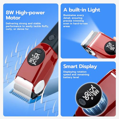 Mcbazel Dog Clippers Grooming Kit, Low Noise Rechargeable Cordless Adjustable Pet Hair Shaver Trimmers Set for Dogs, Cats and Other Pets [Red]