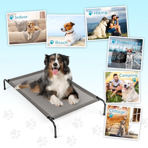 Elevated Dog Bed, Outdoor Raised Dog Cots Bed for Large Dogs, Portable Standing Pet Bed with Washable Breathable Mesh, No-Slip Feet for Indoor Outdoor, Large, Gray