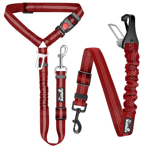 Lukovee Dog Seatbelt Leash for Cars, 2 Pack Pet Safety Seat Belt with Adjustable Buckle & Reflective Bungee, Connect Dog Harness in Vehicle Dogs Restraint Travel Daily Use (Red) - color: Red