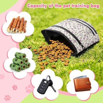 Flower Water-Resistant Dog Treat Pouch, 3 Ways to Wear Treat Bag with Magnetic Closure & Reflective Strip, Hands-Free for Pet Training, Walking