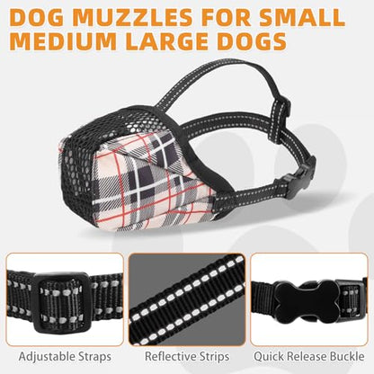 KOOLTAIL Dog Muzzle, Soft Muzzle for Small Medium Large Sized Dogs to Anti & Prevent Barking Grooming Biting, Reflective Adjustable Air Mesh Basket Muzzles, Allows Panting and Drinking, Beige Plaid S - color: Beige Plaid, size: Small