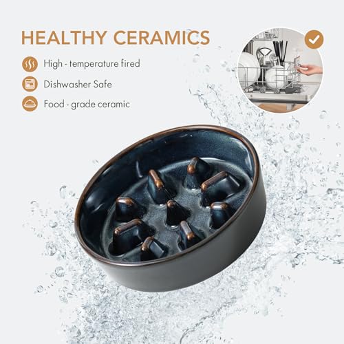 Havniva 0.9 Cup Elevated Slow Feeder Dog Bowls, 6.1” Dog Slow Feeding Bowls + 6.1” Ceramic Dog Water Bowls Set with Acacia Wood Stand, Dog Food Bowls Puzzle Feeder for Small Dogs Non-Slip Anti-choking - color: 2 x Starry Sky + Stand - C, size: S- 6.1inch