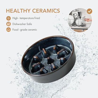 Havniva 0.9 Cup Elevated Slow Feeder Dog Bowls, 6.1” Dog Slow Feeding Bowls + 6.1” Ceramic Dog Water Bowls Set with Acacia Wood Stand, Dog Food Bowls Puzzle Feeder for Small Dogs Non-Slip Anti-choking - color: 2 x Starry Sky + Stand - C, size: S- 6.1inch