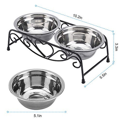 Raised Dog Bowls, Stainless Steel Double Pet Food Feeder Cat Water Dispenser Dish Bowls with Retro Iron Stand for Small or Medium Dogs Cats Puppy