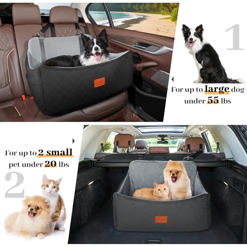 Wooaidagg Dog Car Seat for Medium & Large Dogs Up to 55lbs, Memory Foam Cushion, Washable Cover, Safety Straps & Non-Slip Base(Black/Grey,Large) - color: Black/Grey