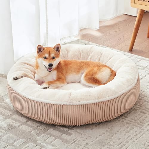 33 inches Donut Dog Bed for Medium Large Dogs,Calming Round Pet Bed with Removable & Washable Cover,Plush Faux Fur & Corduroy, Fits up to 50 lbs Pets(Brown,M Plus) - color: Brown, size: 33.0"L x 33.0"W x 8.0"Th