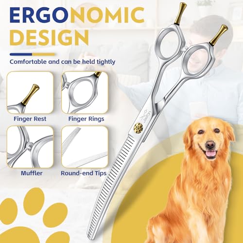 JASON Dog Thinners for Grooming - 7" Down-curved Blender Scissors with 30%-35% Thinning Rate, Japanese 440C Stainless Steel Dog Grooming Thinning Shears with Adjustable Screw (40 Teeth, Silver) Gift - style: Down-curved Thinning