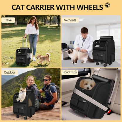 MGB Rolling Cat Carrier with Wheels: Dog Carrier for Small Dogs & Large Cats, Large Cat Carrier with YKK Zipper, Large Capacity, Breathable Mesh, Side Pocket, Black (Not for Airline) - color: Black