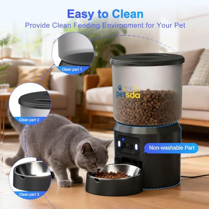 Automatic Cat Feeder with 2K Camera 5G WiFi 4L Timed Dry Food Dispenser APP Control, 15 Meals Programmable 1-20 Portion Per Day Dual Power Supply with Stainless Bowl for Multiple Pet Easy Clean