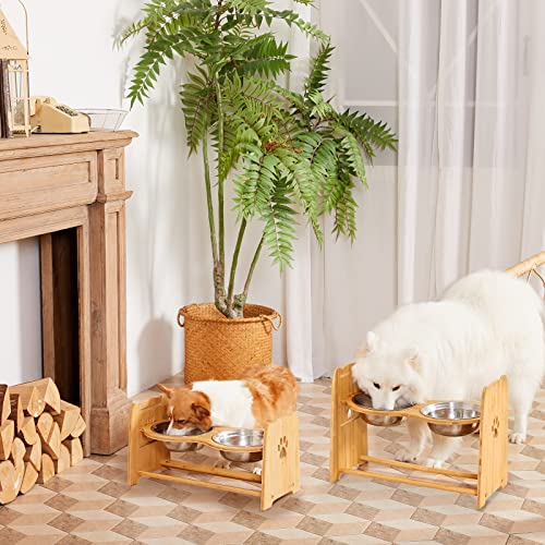 X-ZONE PET Elevated Dog Bowls for Cats and Dogs, Adjustable Bamboo Raised Dog Bowls for Large Dog, Food and Water Stand Feeder with 2 Stainless Steel Bowls Anti Slip Feet (Height 5.1" to 7.5" to 10")… - size: L- Height 5.1" up to 10"