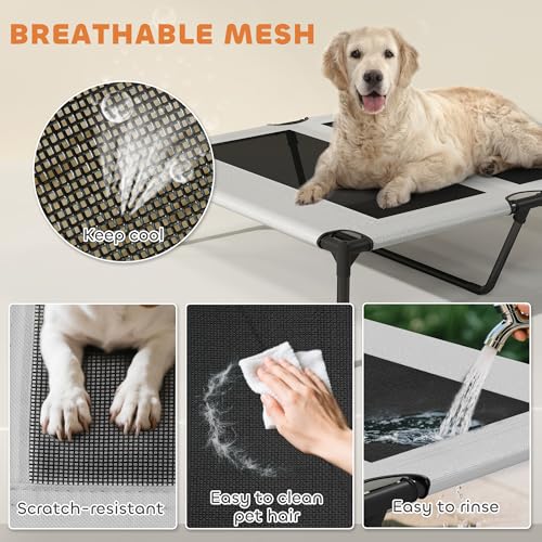 PawHut Elevated Dog Bed with Cooling Pad, Raised Outdoor Pet Bed with Removable Canopy, Breathable Mesh, Storage Bag, Portable Pet Cot for Indoor Outdoor Large Dogs, 36" x 29.5" x 35", Light Gray - size: 3' L x 2.5' W x 2.9' H