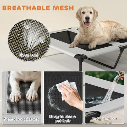 PawHut Elevated Dog Bed with Cooling Pad, Raised Outdoor Pet Bed with Removable Canopy, Breathable Mesh, Storage Bag, Portable Pet Cot for Indoor Outdoor Large Dogs, 36" x 29.5" x 35", Light Gray