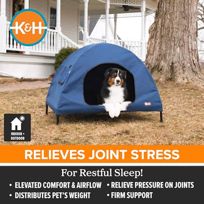 K&H Pet Products Pet Cot House for Large Dogs, Outdoor Elevated Dog Cot House, Enclosed Canopy, Window Flaps for Air Flow, Washable Cover, Raised Metal Frame, Collapsible - Large 42 X 30in Blue - size: Large 30 X 42 X 32 Inches