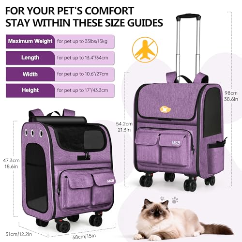 MGB Rolling Cat Carrier with Wheels: Dog Carrier for Small Dogs & Large Cats, Large Cat Carrier with YKK Zipper, Large Capacity, Breathable Mesh, Side Pocket, Purple (Not for Airline) - color: Purple