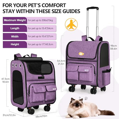 MGB Rolling Cat Carrier with Wheels: Dog Carrier for Small Dogs & Large Cats, Large Cat Carrier with YKK Zipper, Large Capacity, Breathable Mesh, Side Pocket, Purple (Not for Airline) - color: Purple