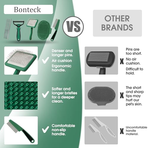 Bonteck Dog Slicker Brush for Dogs Grooming Kit 5PCS | Large Dog Brush for Goldendoodles Poodles Doodles | Long Pin Haired Brush | Poodle Brushes and Comb (Green) - color: Green