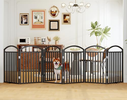 Folding No-Assembly Freestanding Dog Gate with Door,32" Heights Foldable Pet Fence,144" Extra Wide Accordion Puppy Folding Playpen for Doorways,House,Stairs (6 Panels,Black) - color: Black, size: 6 Panels 32"H*144"W