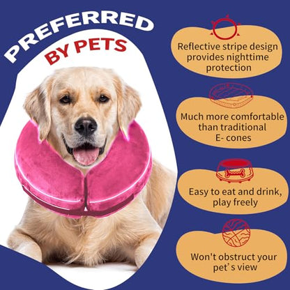 Inflatable Reflective Dog Cone Collar Alternative After Surgery,Doggie Recovery Dount Neck Ecollar,Adjustable Soft Dog Cone Collar for Small Medium Large Dogs (Pink, XL) - color: Pink, size: X-Large（15.5"-18.5"）