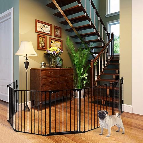 Costzon Baby Safety Gate, 181-Inch Extra Wide Fireplace Fence, Foldable Pet Gates with Add/Decrease Panels Directly, Wall-Mount Metal Gate for Pet & Child - color: Black, size: 8-Panel