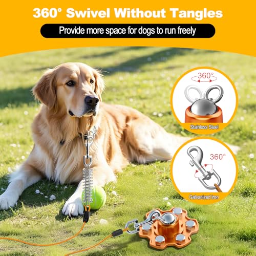 Dog Tie Out Stake and Cable, 360° Swivel Stake No Tangle, Heavy Duty Tether for Yard with 20 ft Cable, 6 Screw, Dog Runner Holds up to 180 lbs of Pull Force for Outside Camping Yard, Orange - style: Dog Stake+20ft Cable/180lbs