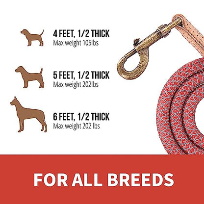 Mile High Life Dog Leash, Rope Leash with Genuine Leather Connection and Heavy Duty Metal Clasp, Great for Small Medium Large Dogs(Red,48 Inch) - color: Rope Handle-Red, size: 48 Inch-1/2"