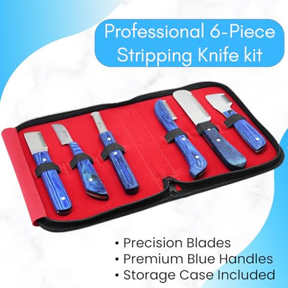 Dog Grooming Stripping Knife Set – 6-Piece Stainless Steel Hand Stripping Tools with Wooden Handles – Coarse, Medium, Fine & Extra-Fine Knives for Dogs, Cats & Wire-Coated Pets (Blue) - color: Blue
