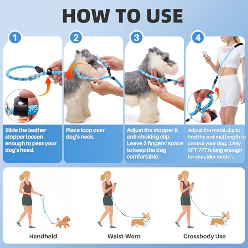 SlowTon Slip Lead Dog Leash, Adjustable 4-6 FT, 1/2” Rope, Heavy Duty Nylon Leashes with Padded Handle & Highly Reflective Threads, No Pull Training Leash for Medium Large Dogs 20-120lb (Light Blue,S) - color: Light Blue, size: 4-6 Ft