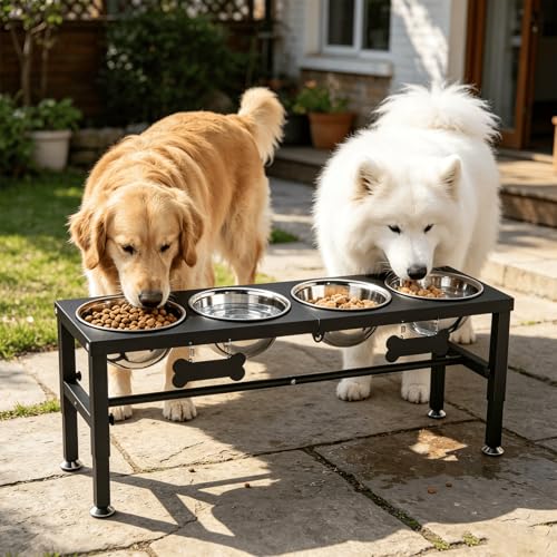 SHAINFUN Adjustable Height Dog Bowl Stand with 4 Bowls for Multi-Dog Homes– Elevated Dog Bowls for Large Breeds with Anti-Slip Mat, Raised Feeding Station with Stainless Steel Bowls - color: Black-1.7L-Four