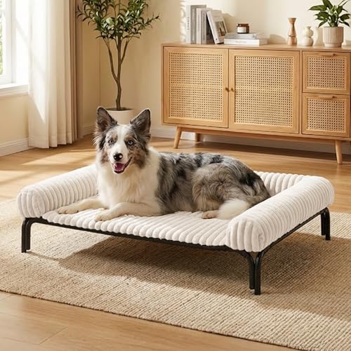 Elevated Dog Bed with Removable Fluffy Pillow Cushion, Raised Pet Cot Washable Bolster, Dog Couch Sofa, Anti Slip Feet, Breathable Mesh, Cream, 49"×36" - color: cream, size: XL(49"×36"×8")