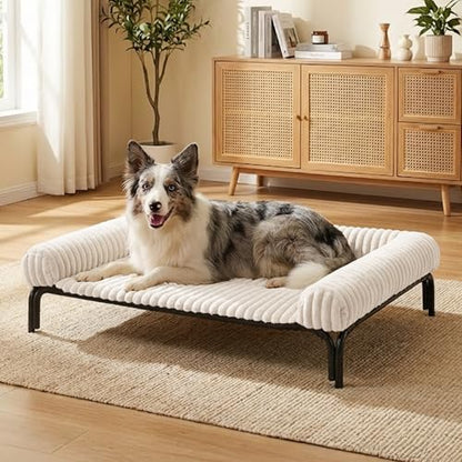 Elevated Dog Bed with Removable Fluffy Pillow Cushion, Raised Pet Cot Washable Bolster, Dog Couch Sofa, Anti Slip Feet, Breathable Mesh, Cream, 49"×36" - color: cream, size: XL(49"×36"×8")