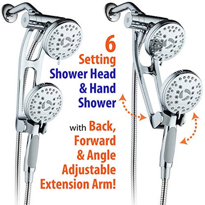 High Pressure 48-mode Luxury 3-way Combo with Adjustable Extension Arm – Dual Rain & Handheld Shower Head – Extra Long 6 Foot Stainless Steel Hose – All Chrome Finish – Top US Brand - color: Chrome