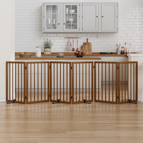 Dog Gate 32" Tall Foldable Dog Gate for Doorways Freestanding Pet Gate for Dogs Indoor (Walnut,6 Panel) - color: Walnut, size: 32inches Tall-6 Panels