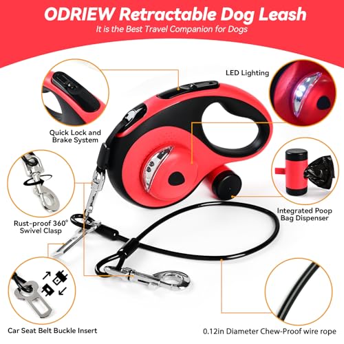 Heavy Duty Retractable Dog Leash for Large Dogs, 26ft Dog Leash with Poop Bag Holder, Up to 110lbs, chew Proof Cable, LED Light, 360° No-Tangle, One-Handed Pause & Locked (Red, L 26ft) - color: Red
