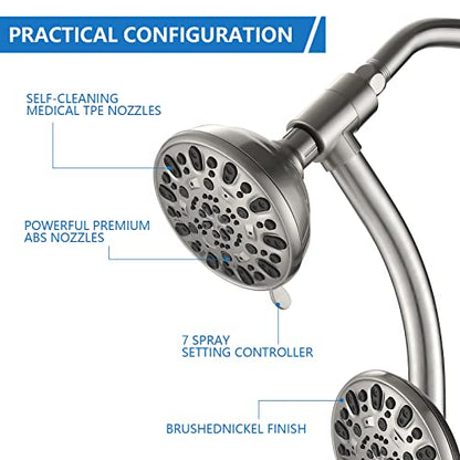 High Pressure 48-Settings Shower Head with Handheld Shower,Drill-Free 3-Way Diverter for Easy Reach,Adjustable Height Slide Bar Dual Shower Head Combo Set - Brushed Nickel - color: Brushed Nickel