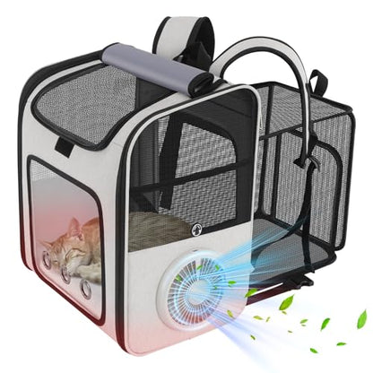 Cat Backpack Carrier with Cooling Fan & Heating Pad, Expandable & Breathable Pet Backpack for Cats & Small Dogs, Travel Carrier for Hiking, Vet Visits, Grey