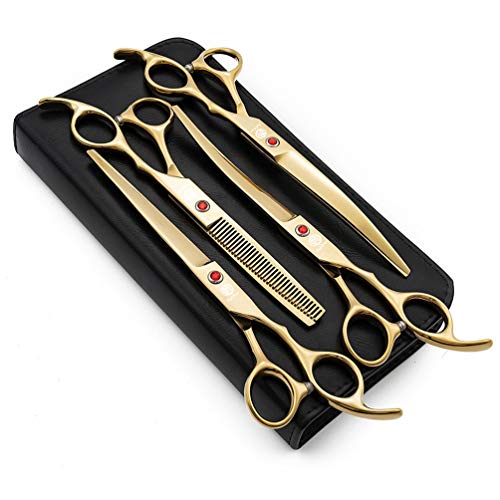 Purple Dragon Professional 7.0 inch 4PCS Pet Grooming Scissors Kit Japan Premium Steel Straight & Curved & Thinning Blade Dog Hair Cutting Shears Set with Case - color: Gold