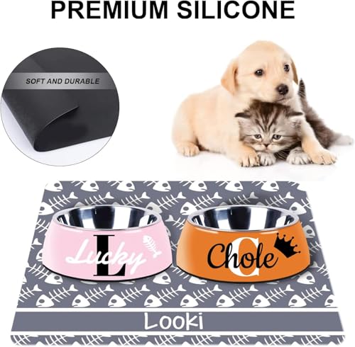 Personalized Dog Cat Food Mat PU Non-Slip at The Bottom Dog Bowl Mat Dog Mat for Food and Water Custom Pet Dog Food Mats for Floors Waterproof (Fish Bone) - color: fish bone