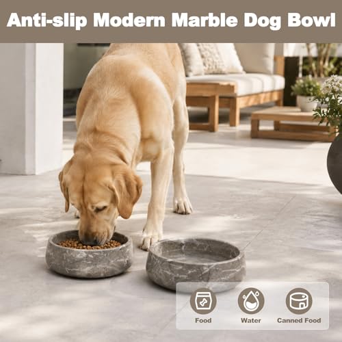 Karibiber Marble Dog Bowl, 5lbs Weighted Dog Food Bowl, Non-Slip Large Heavy Water Bowls, Grey Stone Food and Water Dish for Medium Dogs, Natural Marble, Easy to Clean, Holds 4 Cups - color: Deep Grey, size: S