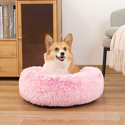 NOYAL Calming Donut Dog Bed for Small to Medium Dogs & Cats - Plush Faux Fur Anti-Anxiety Pet Bed with Machine Washable Cover & Non-Slip Base - color: Gradient Pink, size: Large 27.5''